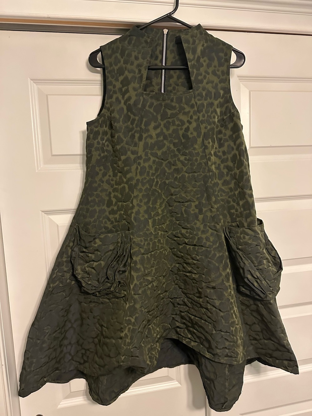 Sun Kim Parachute Exposed Zip Dress Green Black Sz S Pocket Lagenlook Oversized